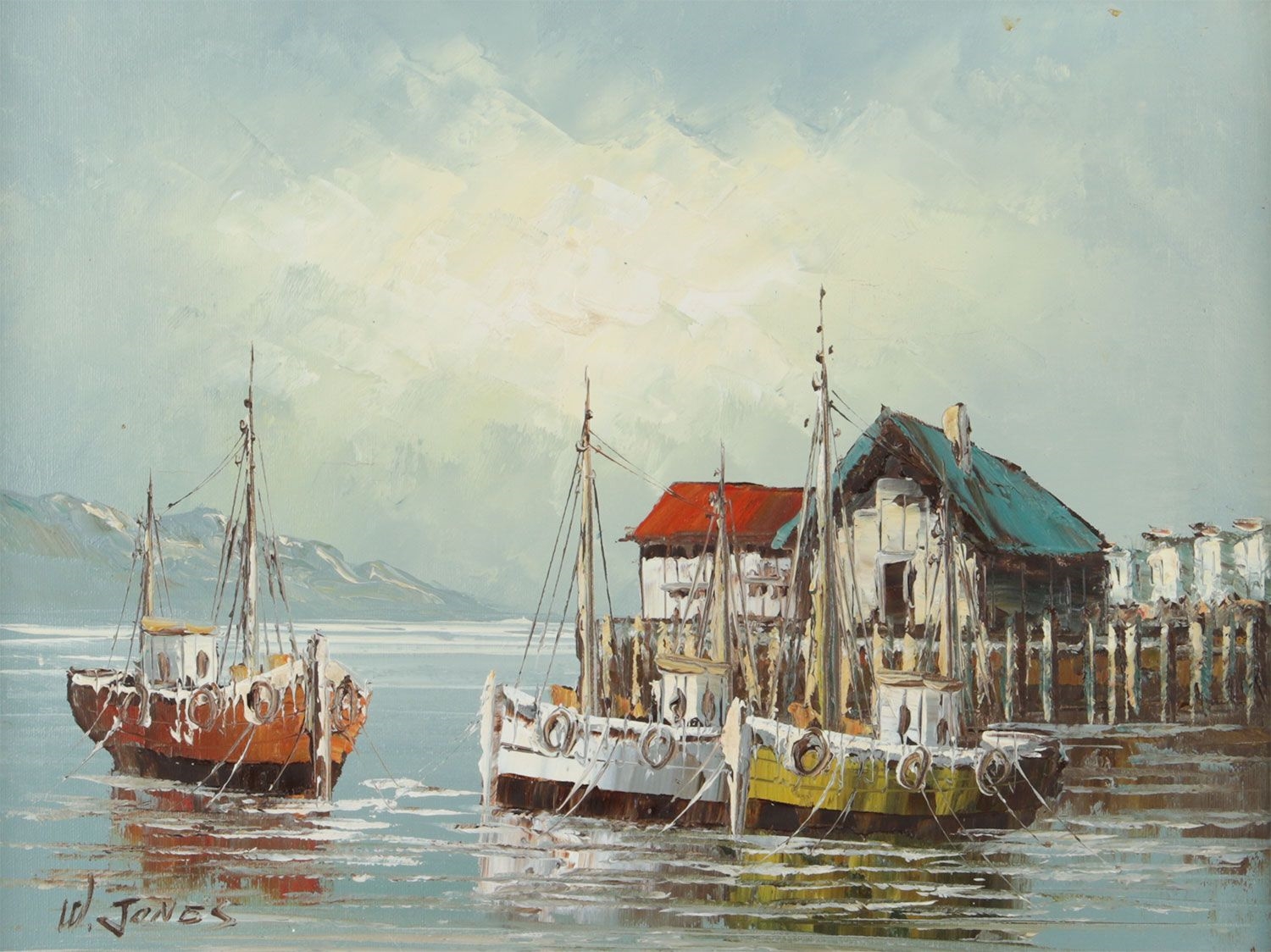 【中古】M▽W.JONES 油絵 漁港 船 海 港 (37866) 中古】M▽W.JONES 油絵 漁港 船 海 港 (37866) W.Jones 油絵 油彩画 船