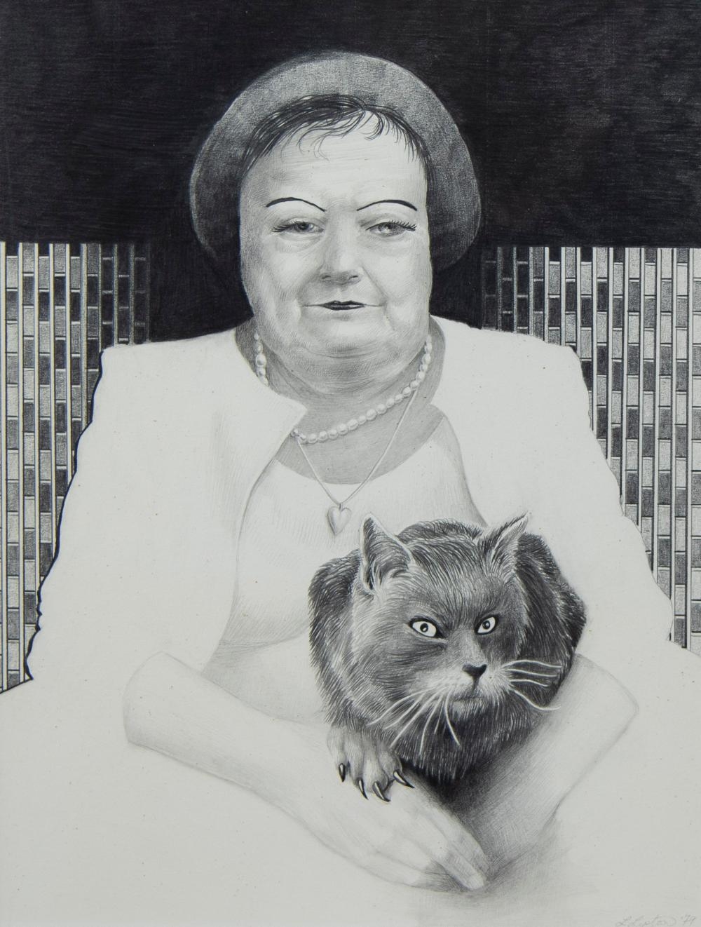 Laurie Lipton | pencil drawing on paper Rich auntie with cat (79) |  MutualArt