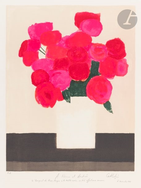 Bernard Cathelin | Bouquet de roses rouges à la table noire (1983 