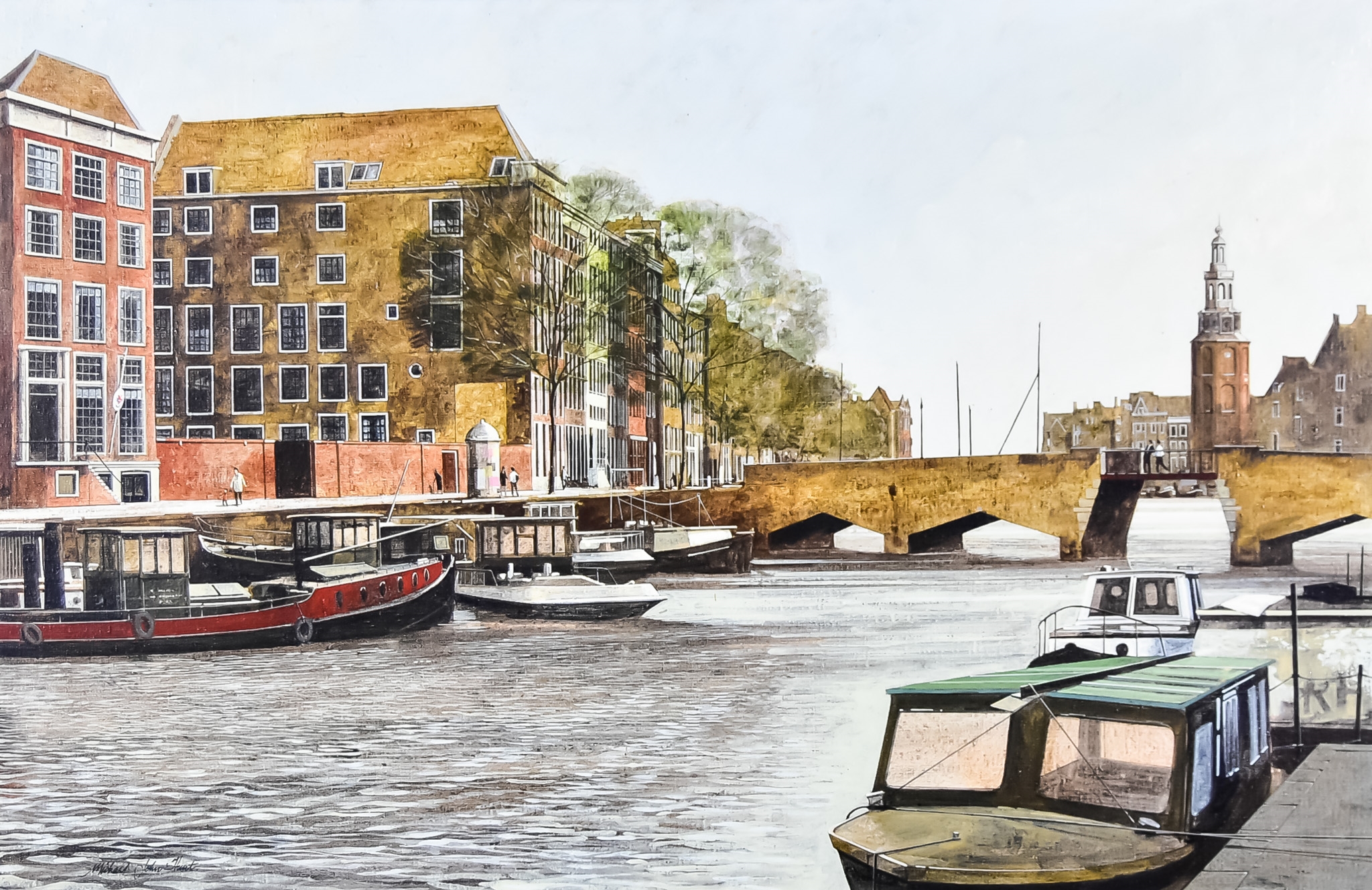 Michael John Hunt | Dutch canal scene with barges to foreground