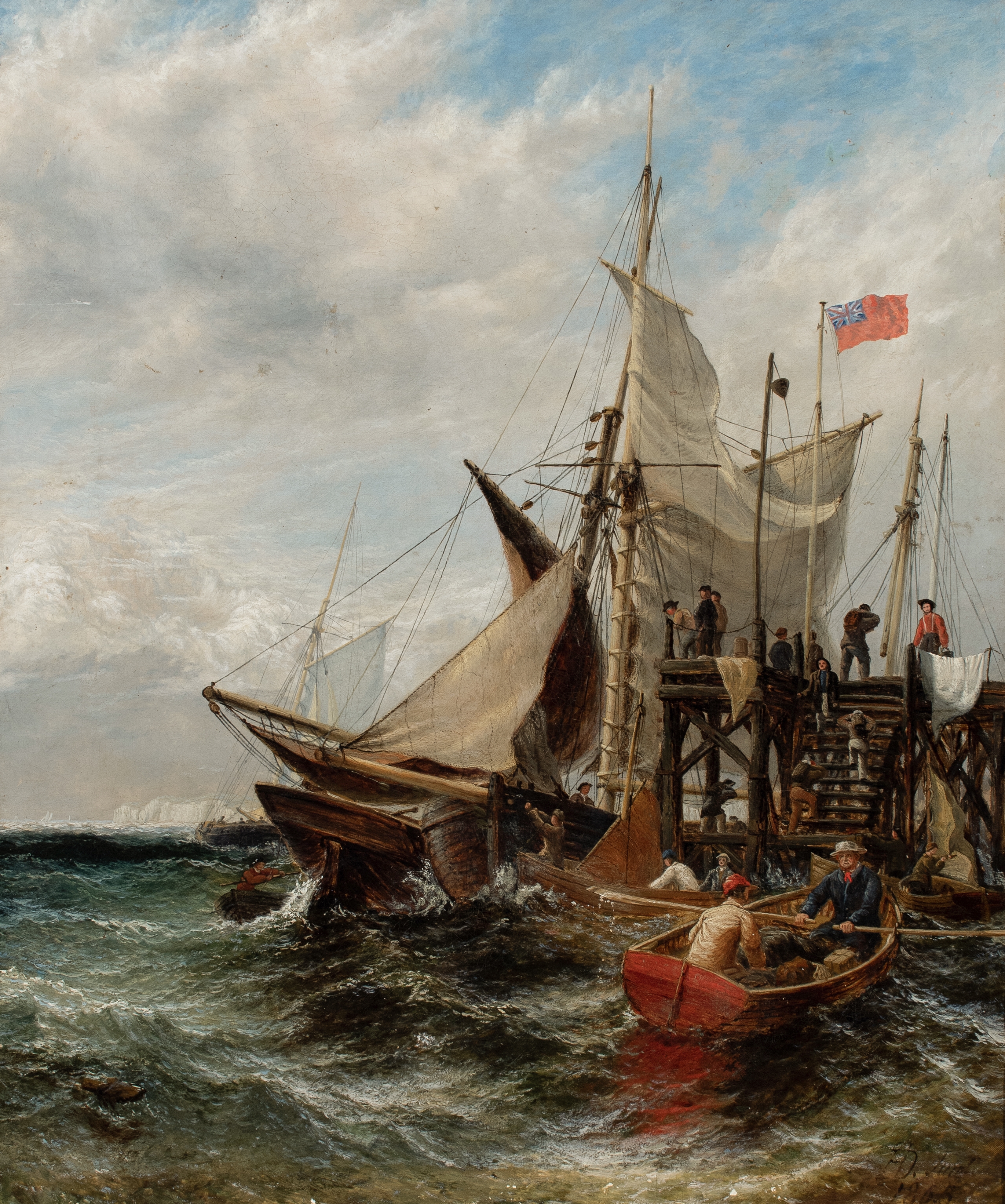 Henry Thomas Dawson | Boats by a jetty on a windy day (1865