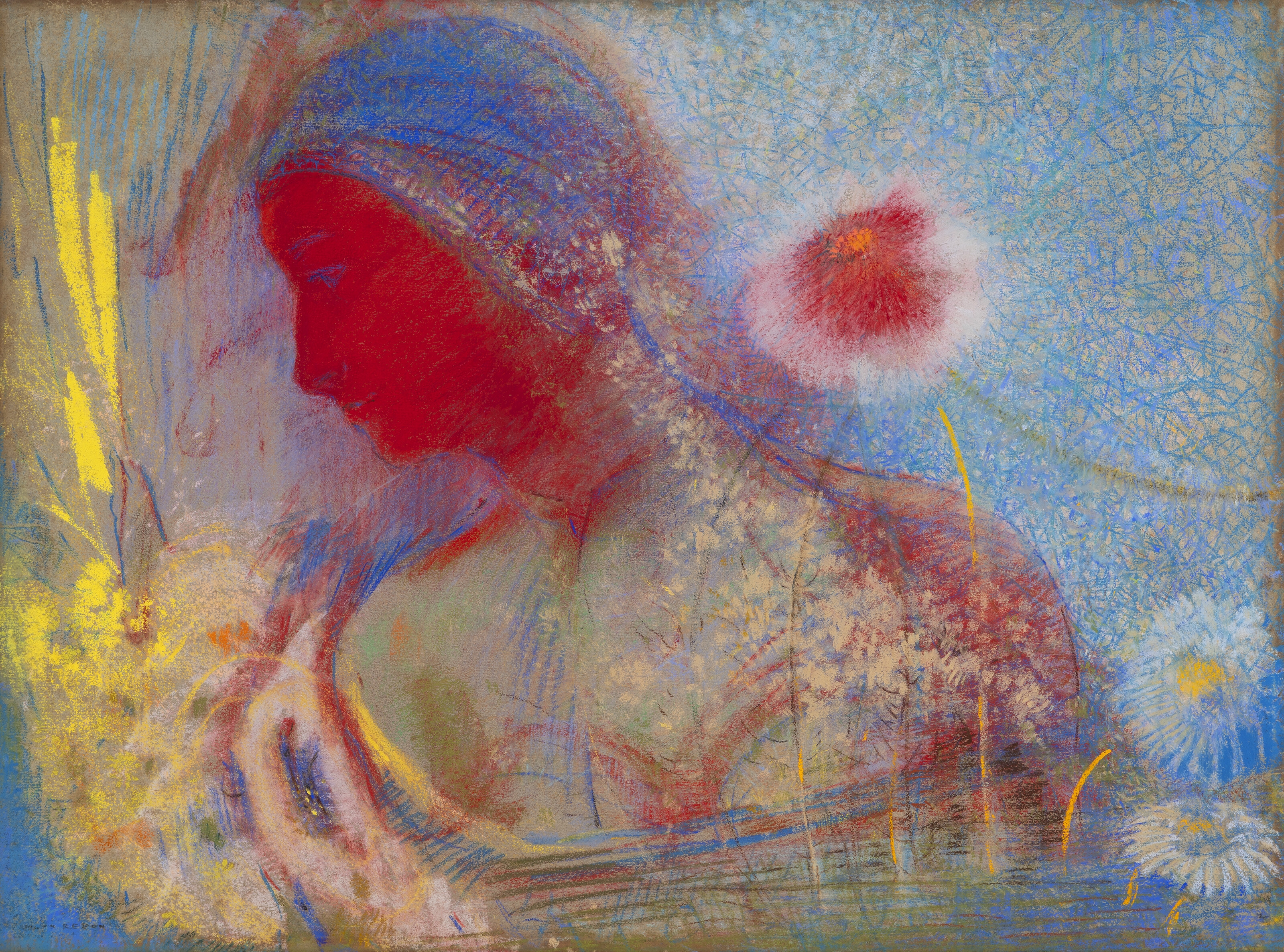 Odilon Redon | Tête de femme rouge, entourée d'une germination de