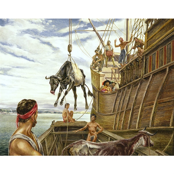 Tom Lea | Unloading the First Cattle in North America, Vera Cruz, 1521 ...