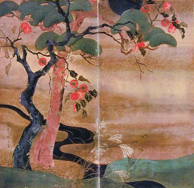 Sakai Hoitsu | Persimmon and Pine Trees by a Stream (1810) | MutualArt