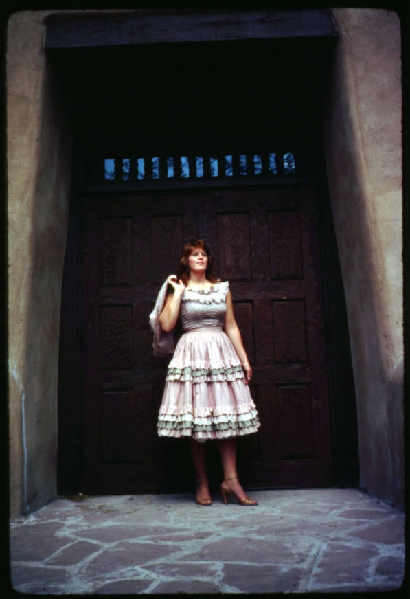 Artwork by Bob Meyer, Alexis Buchanan in Abiquiu clay dress, Fiesta, Santa Fe, New Mexico, Made of color slide