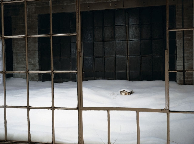 Artwork by Liz Magor, Cabin in the Snow, Made of installation with fabric and model log cabin