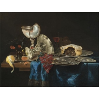 Still life with a nautilus cup, a meat pie, a bunch of grapes, some pewter plates and a partly-peeled lemon, all arranged on a partly draped table - Gerrit Willemsz. Heda