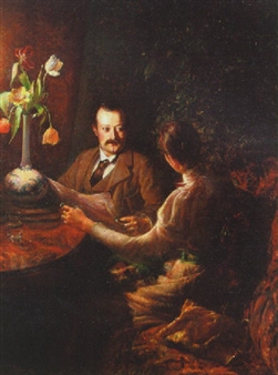 Interior med et ægtepar i samtale, aftenstemning - Ingeborg Martha Rode