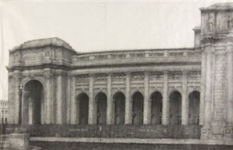Union Station, Washington D.C., perspective elevation with graffiti adorning the hoardings along the front (+ 2 others, one 1981, various sizes; 3 works) - David Schofield