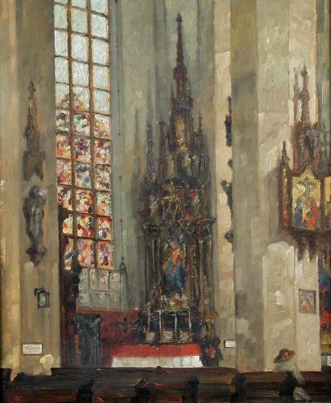 The Interior of a Cathedral with a Stained Glass Window and Decorated Font by Max Baumann