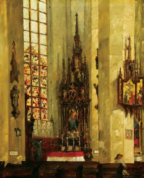Interior of a Cathedral with a Marian Altar and Stained Glass Window by Max Baumann