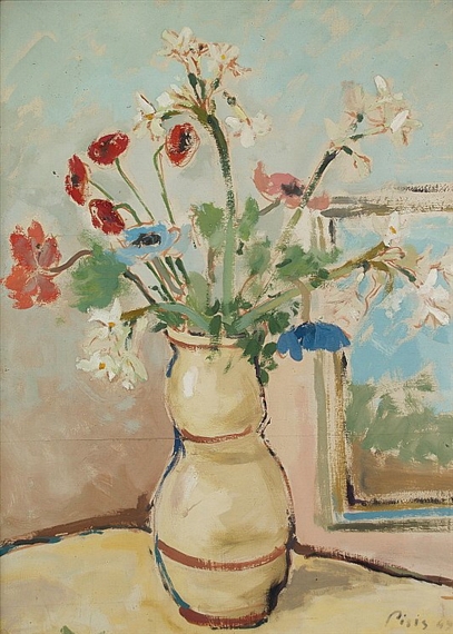 Vase mit Blumen auf einem Tisch beim Fenster. by Filippo de Pisis, 1949