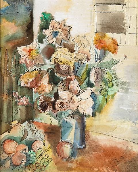 Artwork by Jean Dufy, Still Life with Flowers and Fruit, Made of watercolor and pen on paper