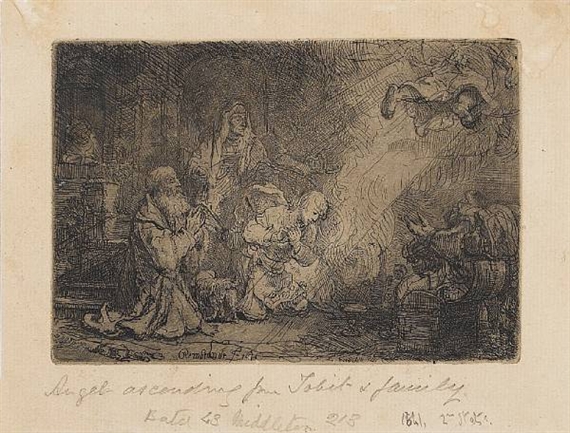 The Angel departing from the family of Tobias (Bartsch 43) by Rembrandt van Rijn