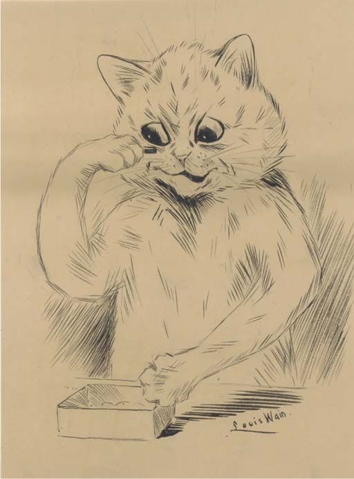 Folding Christmas greeting card of celebrating cats by Louis Wain