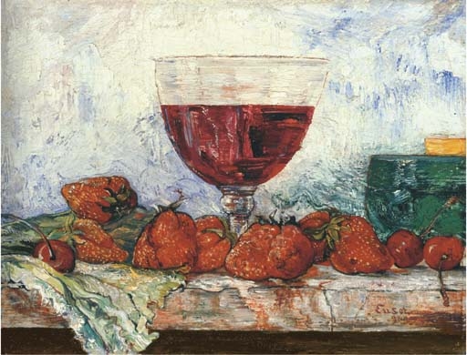 James Ensor | Verre de vin rouge, fraises et cerises (1892) | MutualArt