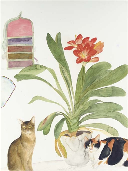 Two Cats with Clivia by Elizabeth Blackadder, 1987