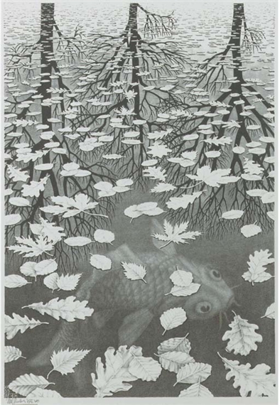 Three worlds (Drie werelden) (Bool 405) by Maurits Cornelis Escher, 1955