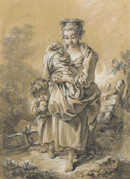 Francois Boucher Une Mere Tenant Son Bebe Debout Pres D Un Petit Garcon 1763 Mutualart