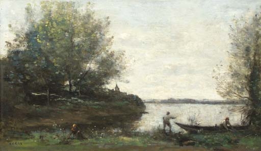Le pêcheur et le batelier by Jean Baptiste Camille Corot, circa 1865