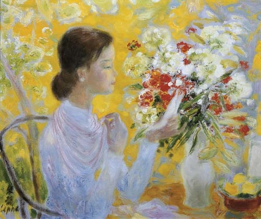 A seated woman reading letter in the garden by Lê Phổ