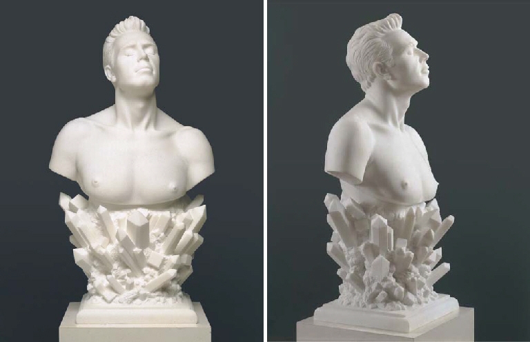 Artwork by Jeff Koons, Self-Portrait, Made of white marble in two parts