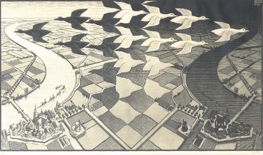 Artwork by Maurits Cornelis Escher, Day and Night (Dag en Nacht) (Bool 303), Made of print