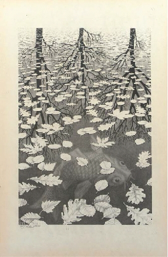 Artwork by Maurits Cornelis Escher, Three worlds (Drie werelden) (Bool 405), Made of lithograph