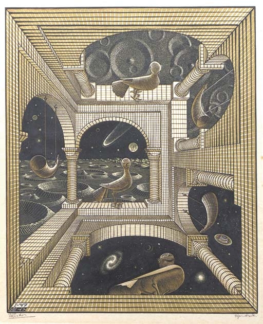 Artwork by Maurits Cornelis Escher, Other world (Andere wereld) (Bool 348), Made of woodcut printed in olive
