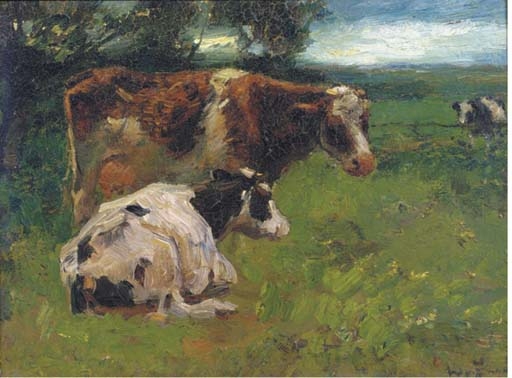 Artwork by Wilhelmus Hendrikus Petrus Johannes de Zwart, Cows in a meadow, Made of oil on panel
