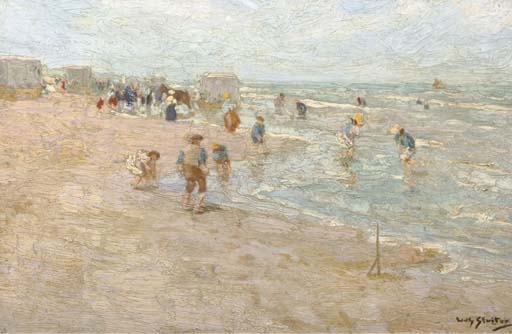 Artwork by Willy Sluiter, Paddling in the surf, Made of oil on canvas