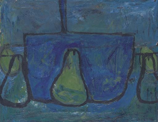 Artwork by William Scott, Three Green Pears, Made of oil on canvas