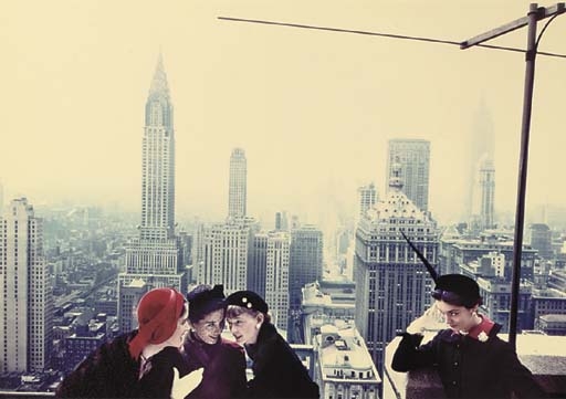 Hat Fashions, the New York skyline from the roof of the Condé Nast building by Norman Parkinson, 1949, printed 1980