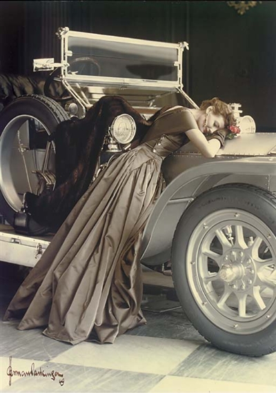 Wenda in a Molyneux satin evening dress with a 1907 Silver Ghost Rolls-Royce by Norman Parkinson, 1951, printed circa1988