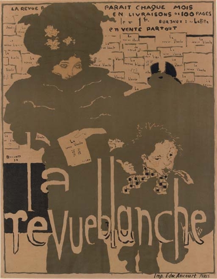 A bold Art Nouveau poster featuring a large dark figure and a small child reading against a background of newspaper clippings.