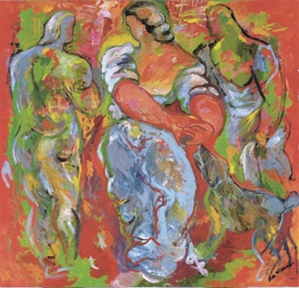 Drei Menschl Figuren und Hund by Sandro Chia, 1983