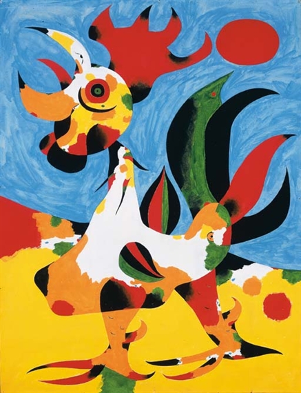 A painting of a rooster on a yellow background. 