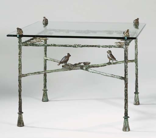 Table-feuilles, modèle bas aux oiseaux et grenouilles by Diego Giacometti, circa 1980