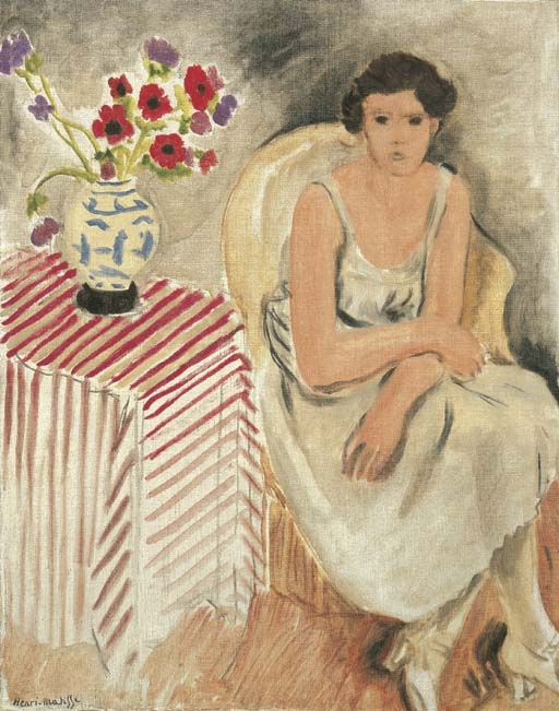 Femme sur un fauteuil - Fleurs sur la table, ou les oeillets by Henri Matisse, 1920