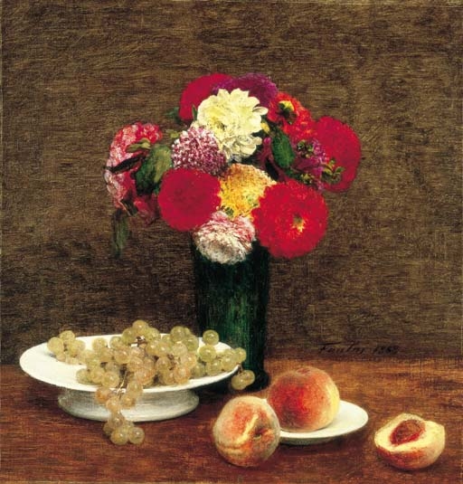 Nature morte: Dahlias, raisins et pêches by Henri Fantin-Latour, 1868