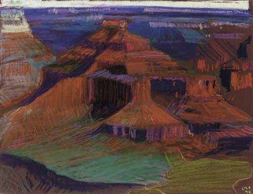 Artwork by David Hockney, Study for a Closer Grand Canyon IV, Isis Temple, Made of colored wax crayons on paper