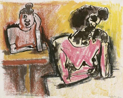 Artwork by Josef Herman, In the Classroom, Made of pen, black ink and and coloured chalks