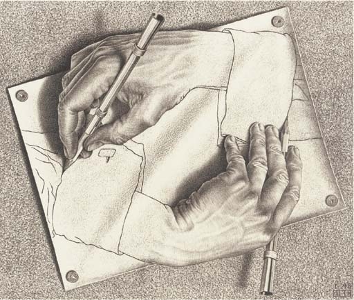 Artwork by Maurits Cornelis Escher, Drawing Hands (B. 355), Made of lithograph