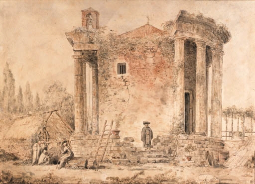 Tableau Toile « Capriccio Avec Un Ancien Temple » D'Hubert Robert - Reproduction Sur Cadre, Prêt à Accrocher, Neuf