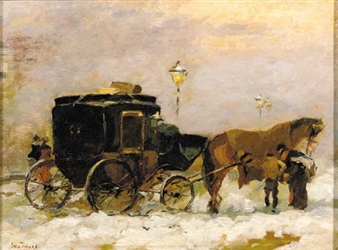 Aapje in de sneeuw: A horse-drawn cab - Wilhelmus Hendrikus Petrus Johannes de Zwart