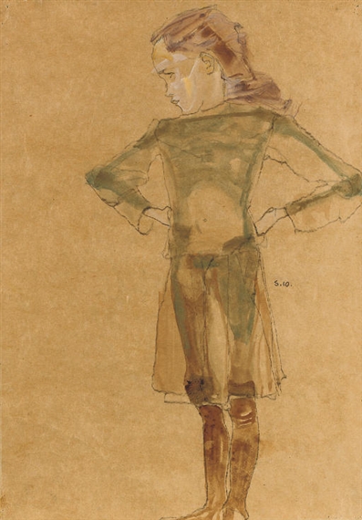Stehendes Mädchen mit durchsichtigem Kleid by Egon Schiele, 1910