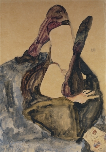 Frau mit erhobenem Bein und lila Strümpfen by Egon Schiele, 1911
