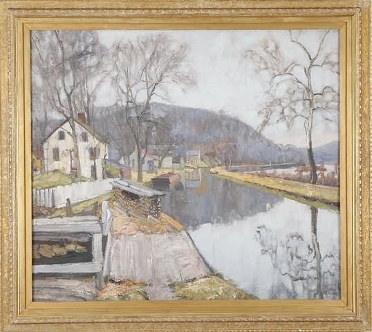Double sided Canal scene along the Delaware River; 
Winter landscape with house and shed by Walter Emerson Baum, 1937
