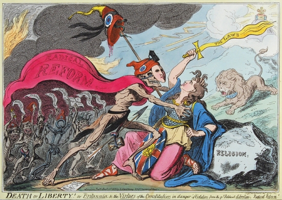 Death or Liberty! or Britannia & the Virtues of the Constitution in danger of Violation from the gr.t Political Libertine, Radical Reform! by George Cruikshank, 1819