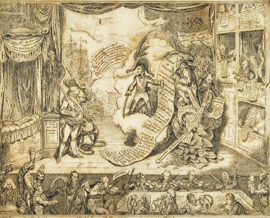 Pacific-Overtures, Or a Flight from St Cloud’s..., a large stage set by James Gillray, 1806